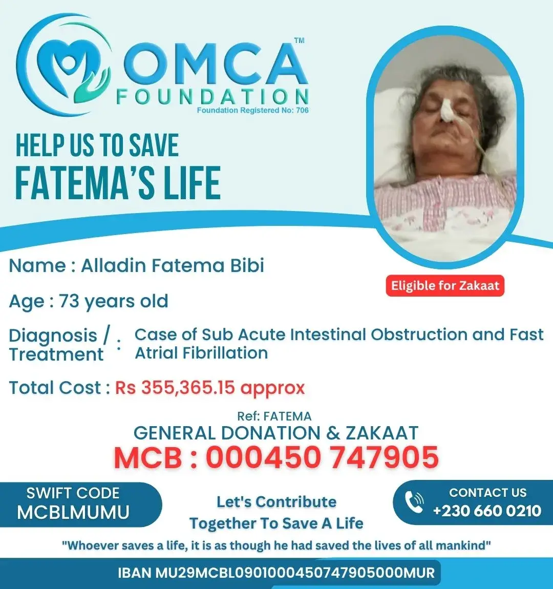 Help Save Mrs. Alladin Fatema Bibi – Urgent ICU Treatment Support